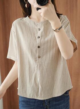 纯棉半袖衬衣夏2023洋气条纹短袖T恤女宽松圆领棉麻bf风五分上衣