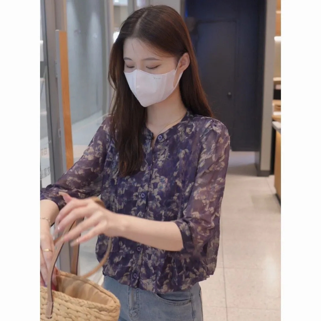 春夏碎花高级感雪纺衫女七袖上衣