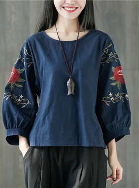 26年春夏原创棉麻女复古国风灯笼袖刺绣花套头八分袖亚麻圆领上衣