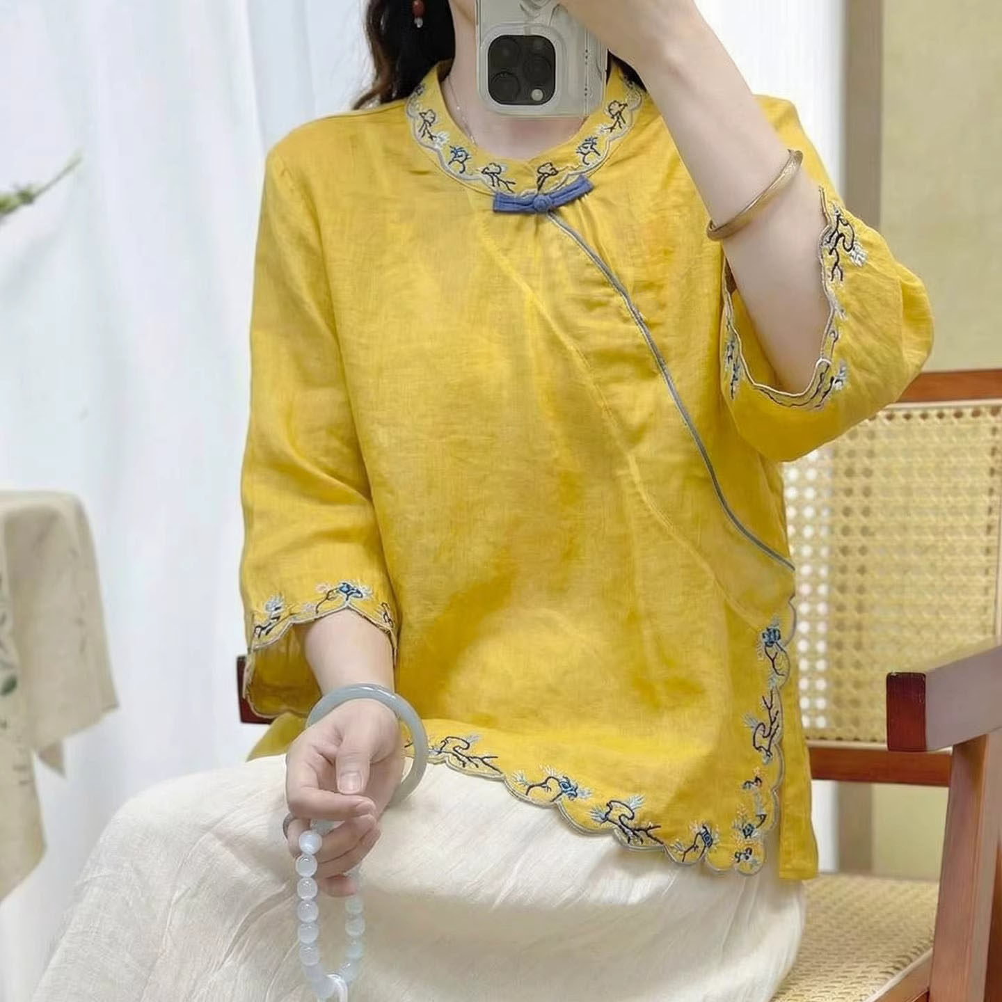 复古国风棉麻衬衫女中式立领撞色盘扣喇叭袖上衣绣花茶服夏季女装