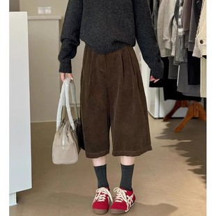 加绒加厚灯芯绒加绒七分裤子女秋冬季新款阔腿显瘦miu直筒筒裤