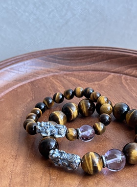 贝奇手作·【順風順水】天然虎眼石紫水晶貔貅瑞兽情侣款寓意开运