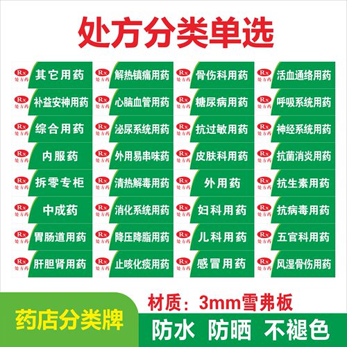 药品分类牌药店分类医院药店标识药房标识牌标贴标签GSP认证单选