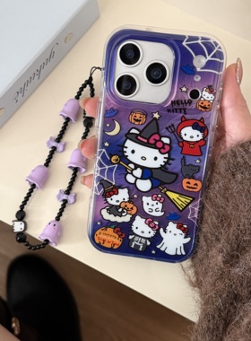 ins紫色卡通万圣节KT猫咪适用iphone17promax手机壳苹果16新款15创意14pro女款13超火15promax双面防摔保护套