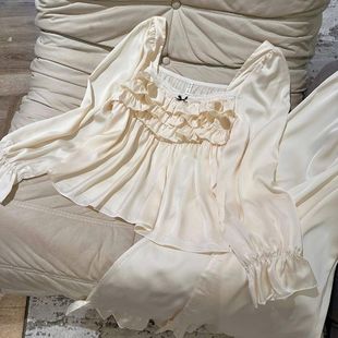 春季 轻复古大方领丝绸家居服可外穿 女睡衣法式 宫廷风冰丝睡衣套装