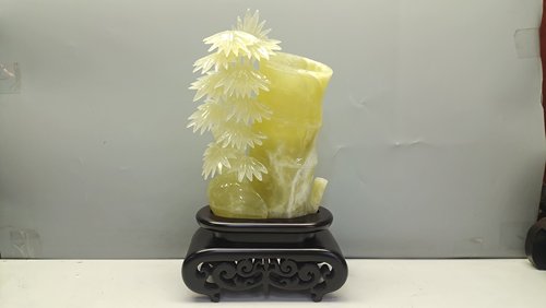 辽宁岫玉料手工雕刻老坑料子办公桌摆件笔筒寓意步步高升竹报平安