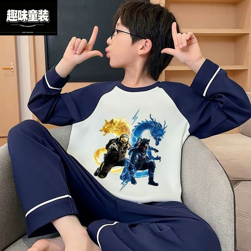 新款儿童睡衣男童春秋季长袖纯棉中大童男孩家居服威龙红狼套装潮