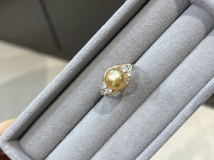燕玺家 南洋金珠9-10m正圆微瑕海水珍珠戒指浓金925银托可换18K金