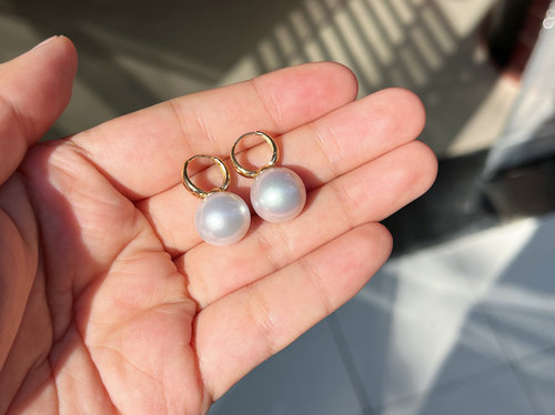 燕玺家 18K黄金耳扣正圆爱迪生珍珠耳环12-13mm女 耳坠 冷皮光