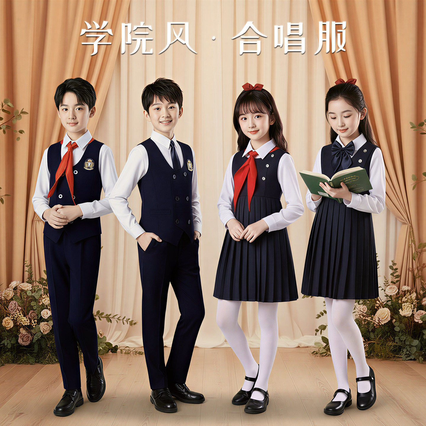 儿童合唱爱国朗诵比赛演出服女童小学生唱歌蓝色演讲主持人礼服装