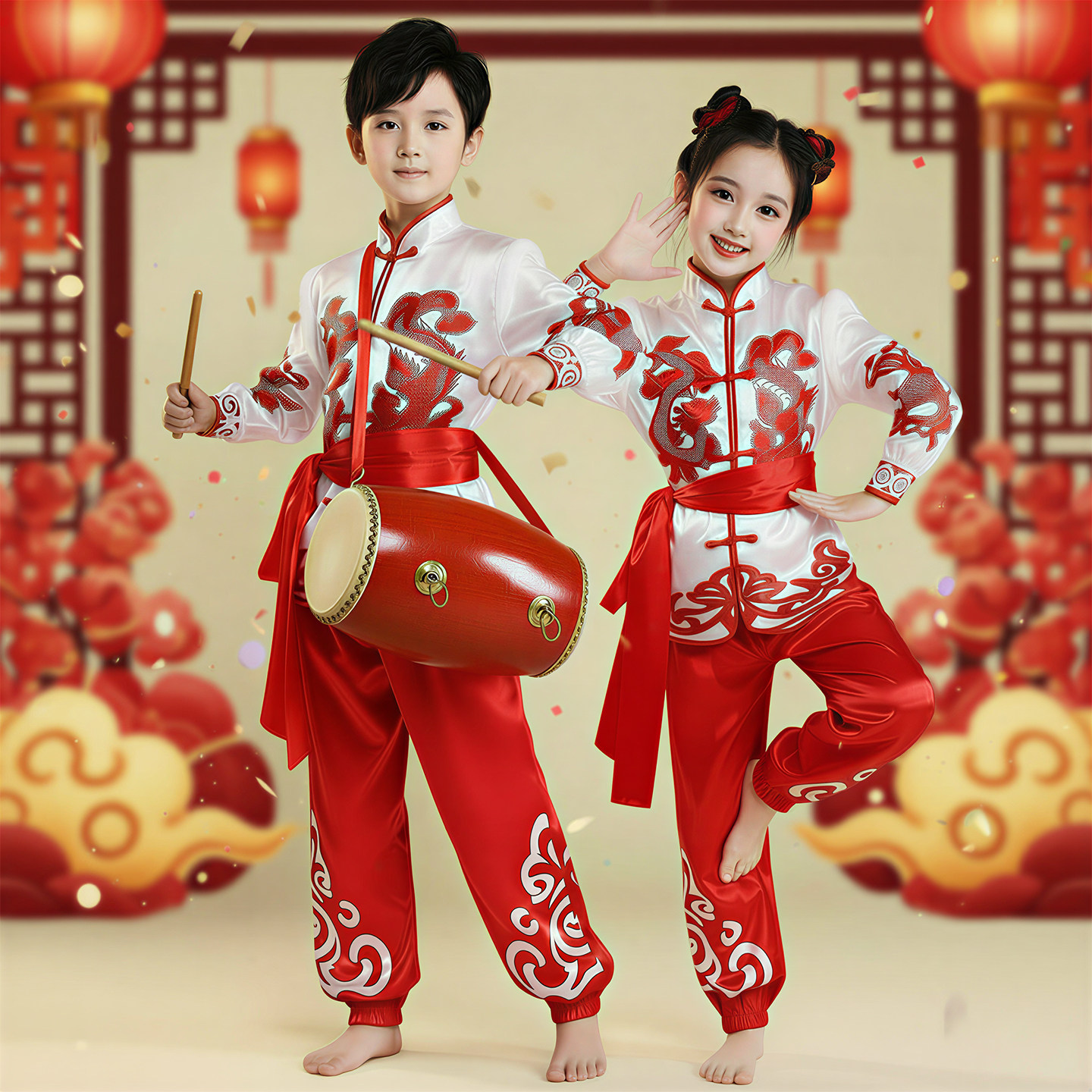 六一儿童中国红打鼓腰鼓服装过新年剪纸秧歌幼儿园喜庆舞蹈演出服
