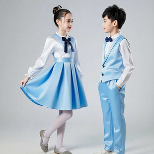 儿童小学生合唱服装女童爱国诗歌朗诵演讲比赛演出服蓝色主持礼服