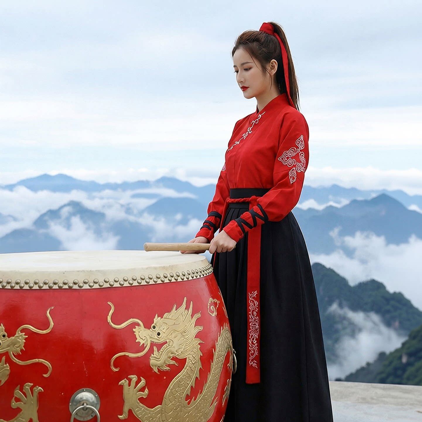 古装剑舞打鼓武侠风汉服女中国风