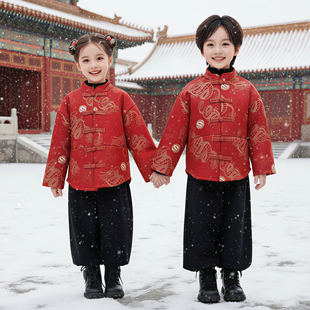 儿童汉服冬季加绒元旦演出服春晚国风汉服红色唐装古筝主持人朗诵