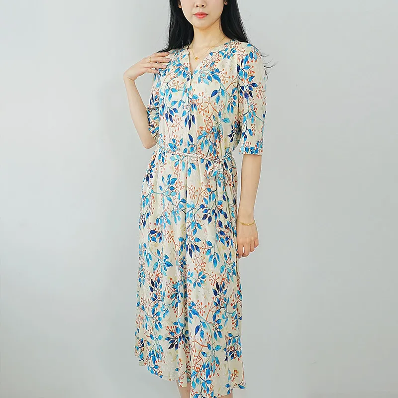 唐格 针织真丝小V圆领长款连衣裙 桑蚕丝收腰舒适半袖女士长裙
