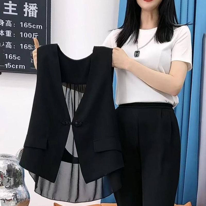 春夏季高档雪纺风衣马甲外套遮肉配t恤无袖外套上衣坎肩