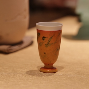 青塘山房 虎斑 暖手高足杯 蜜釉点彩