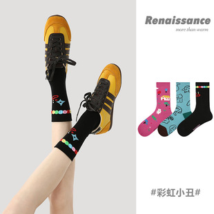 Renaissance袜子女秋冬新款 精梳棉彩虹小丑无骨百搭学生中筒女袜