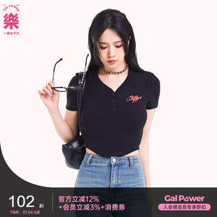 一乐 gal power绵羊TEE 蝴蝶刺绣短款上衣女夏季新款V领修身短袖