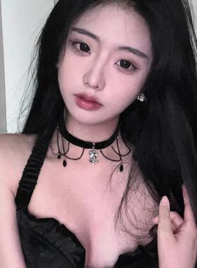 万圣节哥特风黑色流苏项链女小众设计感锁骨链choker颈带项圈配饰
