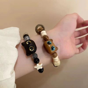 小貓咪串珠手鏈女生夏情侶款 一對手串閨蜜陶瓷可愛生日禮物手鐲男