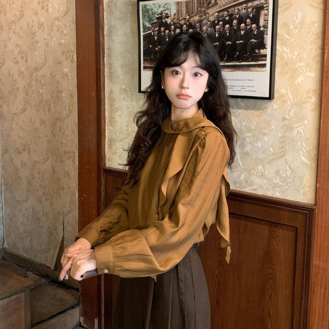 衣服女款春季复古气质边飘带天丝衬衫
