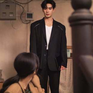 原版轧戏陈星旭肖稚宇同款西装外套春秋翻领黑色西服上衣男衣服潮