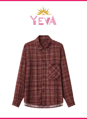 欧洲YEVA【明星同款】复古慵懒风撞色格纹衬衫翻领酒红色休闲衬衣