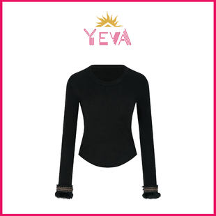 欧洲YEVA【雅韵玉袖】新中式袖口拼接花边修身显瘦针织衫2026春季