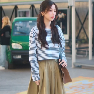 原版双轨虞书欣姜暮同款长袖t恤春秋条纹圆领上衣半身裙女衣服潮