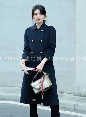 欧洲梁洁同款衣服藏青色羊毛大衣女高级感英伦风双排扣中长版毛呢