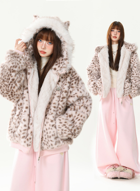 欧洲AONW甜酷豹纹毛绒绒连帽毛领棉服棉衣女冬季座山雕保暖加绒外
