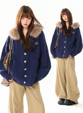 欧洲AONW美式复古毛领连帽毛衣外套女秋冬宽松高级感慵懒风针织开