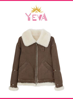 欧洲YEVA【奚梦瑶同款】皮毛一体翻领短款拉链夹克保暖宽松百搭外