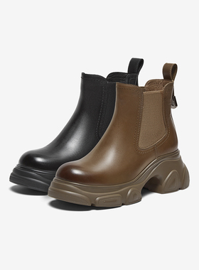 百思图2024冬商场新款牛皮加绒切尔西烟筒靴美拉德女短靴A6351DD4