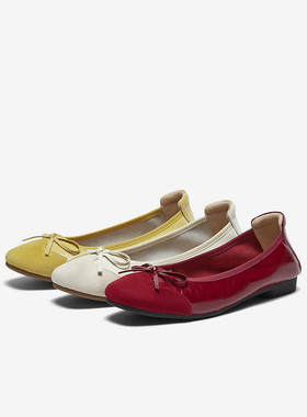 百思图2025秋季新款牛皮红色浅口单鞋蝴蝶结通勤船鞋女鞋C2201CQ5