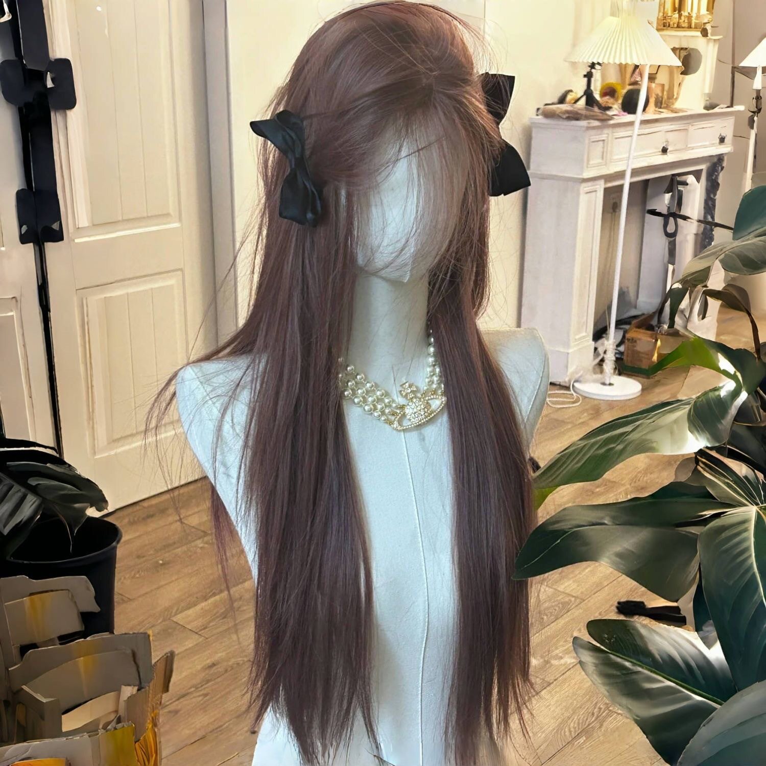 新品粉棕色假发洋气长直发显白色小额蕾丝仿真发丝假发女全头套女