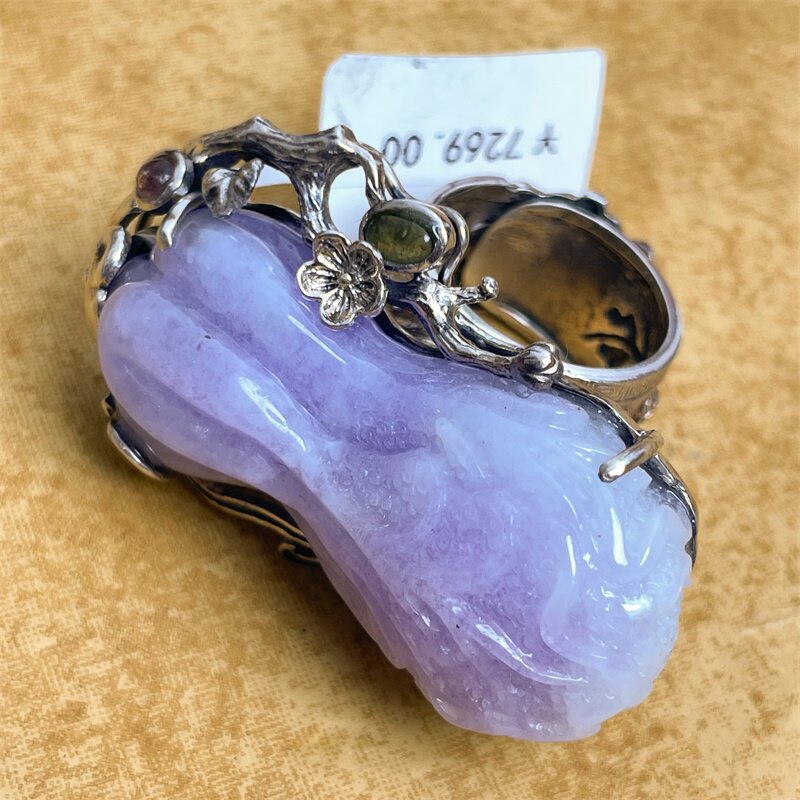 缅甸天然A货翡翠紫翡白菜旋转戒指 台湾工艺925银镶嵌 旗袍香云纱