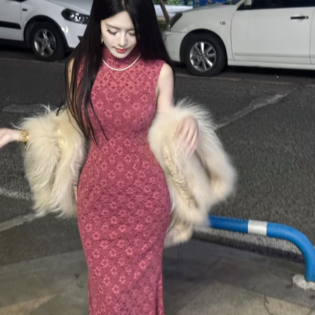 LHMknk1画报夫人原创秋冬纯欲蕾丝鱼尾旗袍 致敬温柔绯红