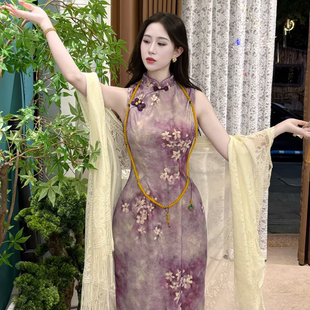LHMknk1画报夫人原创仿龟裂纹金丝素雅温柔旗袍连衣裙 杏紫港工