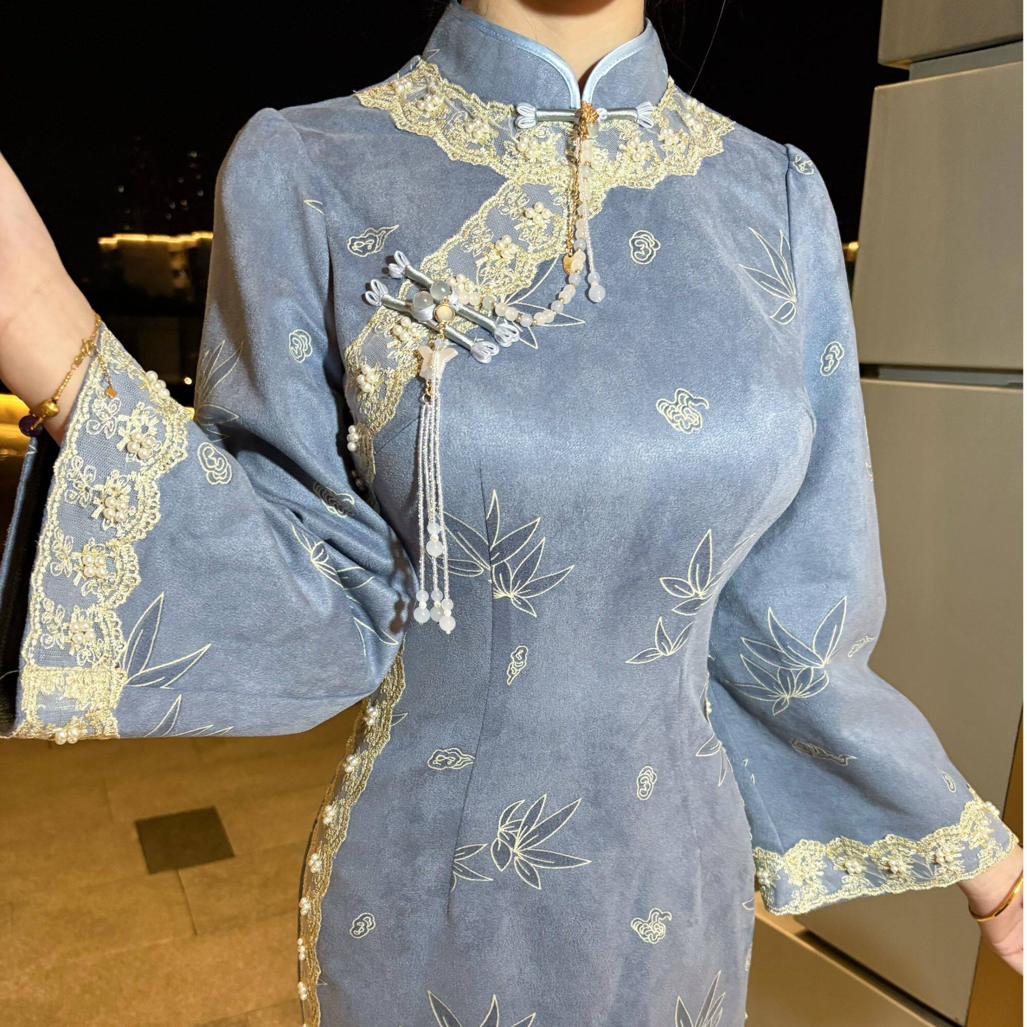 画报夫人原创自制秋冬麂皮绒珠链蕾丝秋季旗袍 深蓝太太