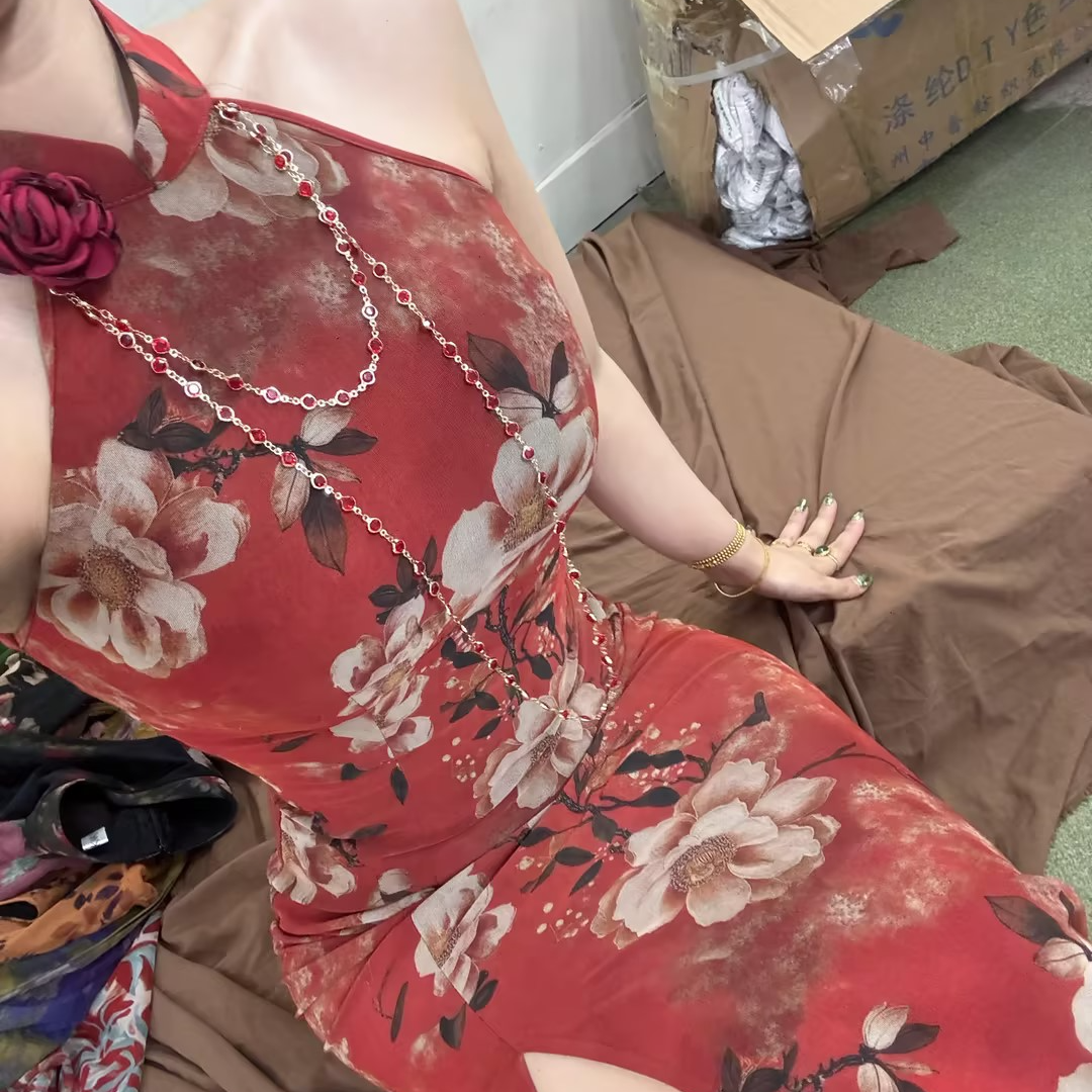 LHMknk1画报夫人原创自制弹力网纱复古挖肩油画旗袍 挖肩红兰词