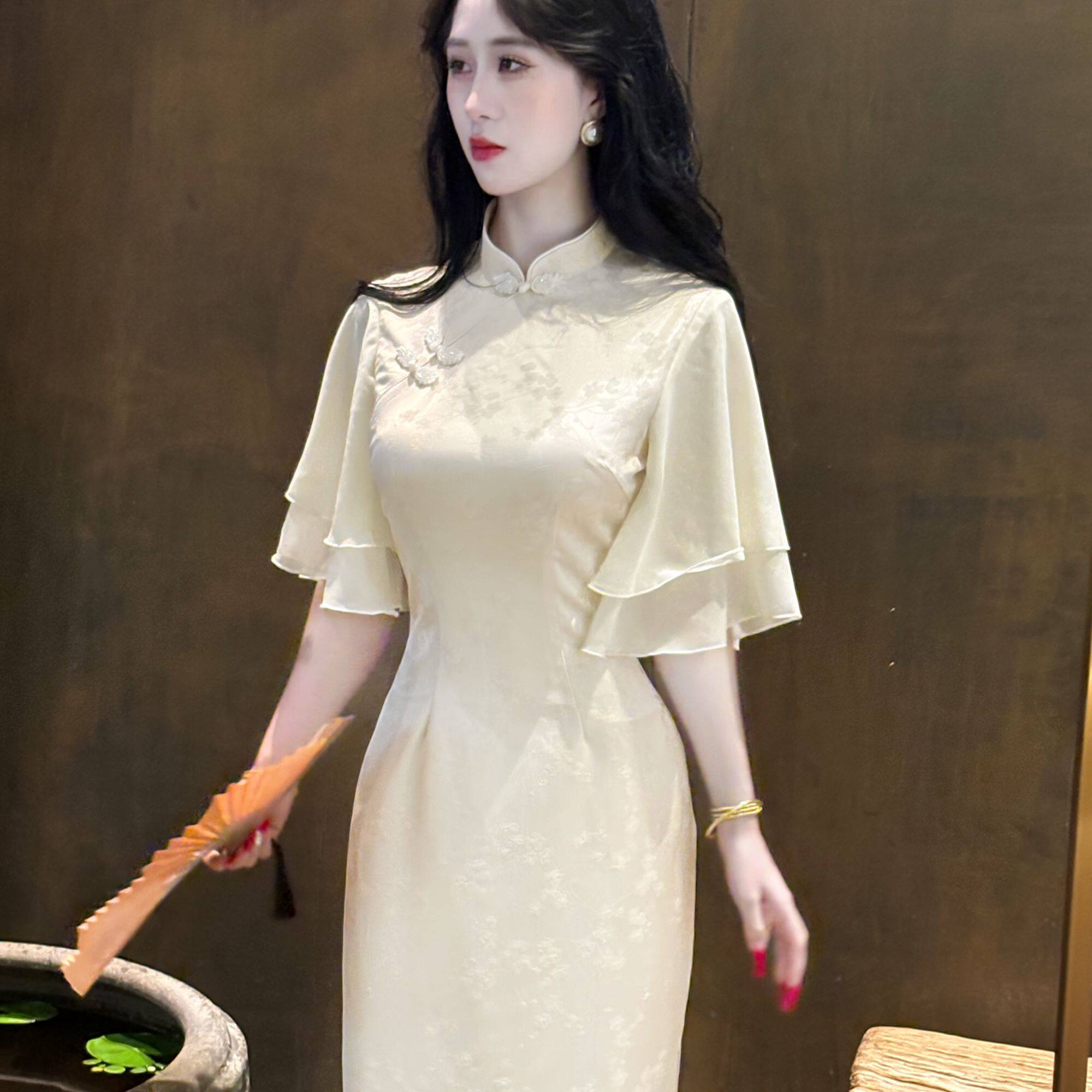 画报夫人原创自制国风素雅荷叶袖新中式白色旗袍裙 念白椿