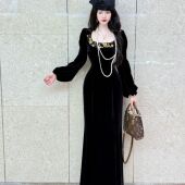 LHMknk1画报夫人原创弹力赫本钉珠刺绣鱼尾裙步步生莲方领灯笼袖