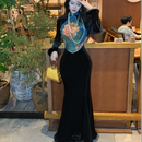 画报夫人原创自制定位花拼丝绒大裙摆秋季 九尾狐之蓝 旗袍