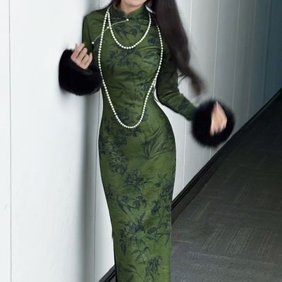 画报夫人原创自制新中式国风秋冬厚款旗袍连衣裙 厚款茶树子