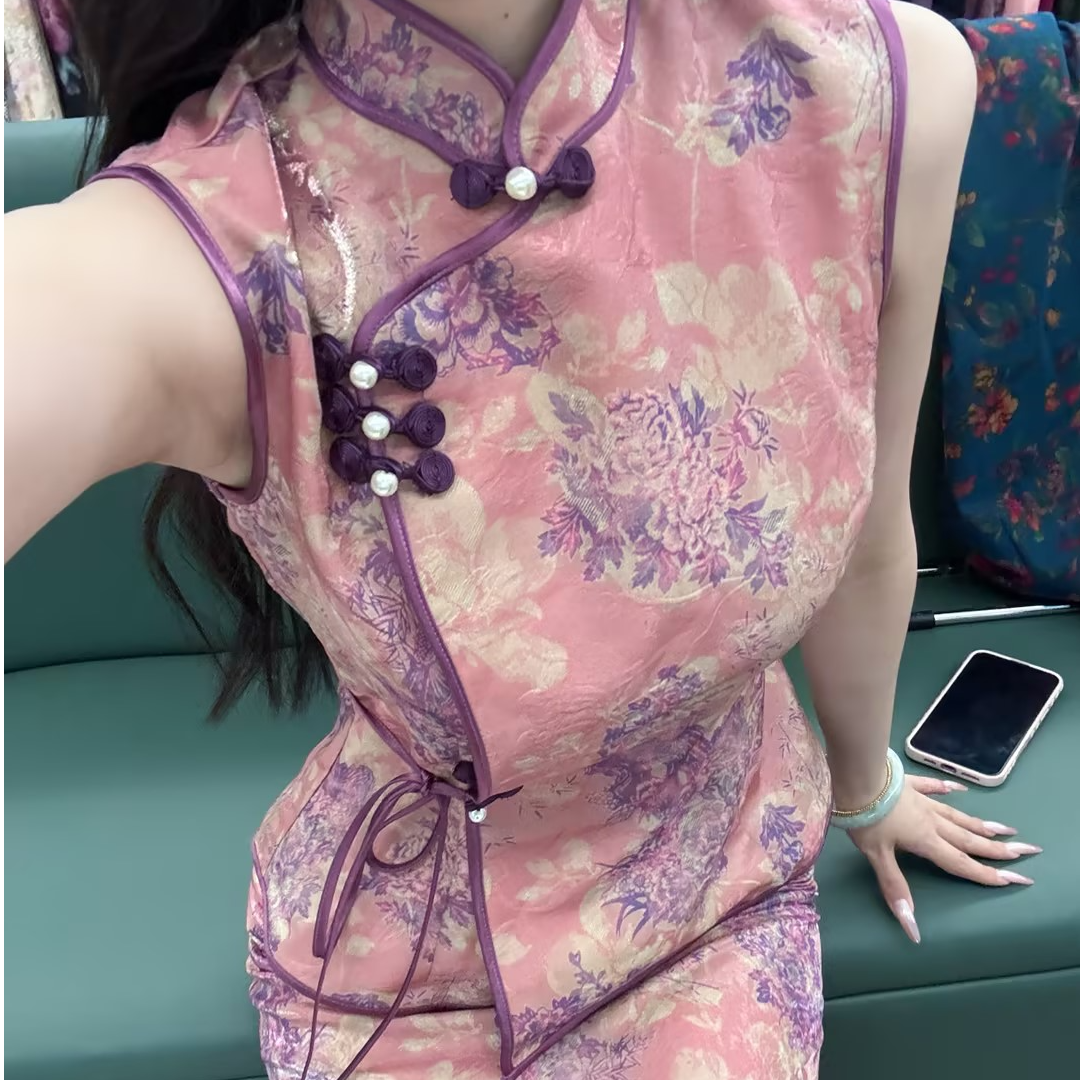 LHMknk1画报夫人原创自制浮光锦缎面两件套套装旗袍 釉粉纱两件套