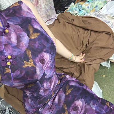 LHMknk1画报夫人原创自制弹力网纱复古港工紫色花朵旗袍 荒漠之花