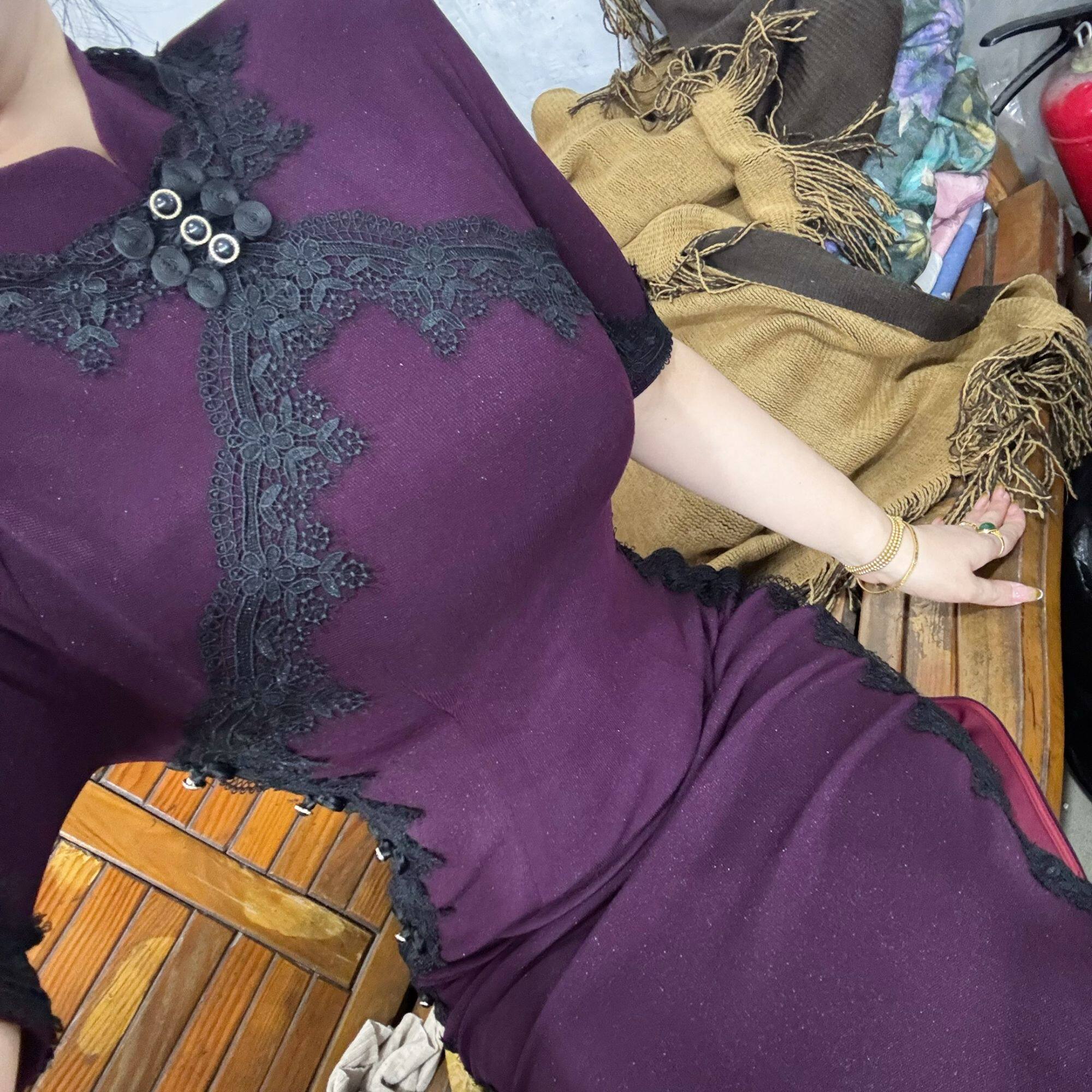 LHMknk1画报夫人原创西装针织手工蕾丝花边气质旗袍 紫枝月五分袖