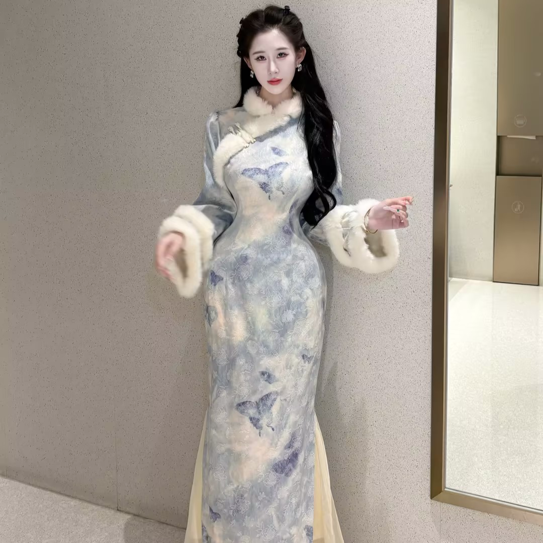 画报夫人原创自制厚款金线蕾丝温柔兔毛旗袍 蓝芬蝴蝶加绒图片
